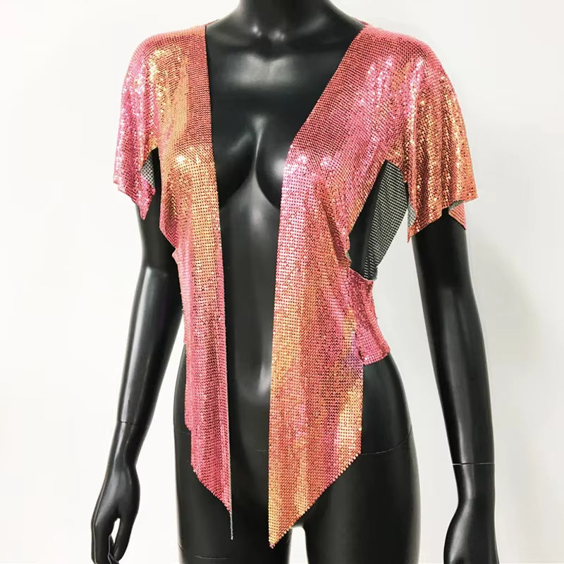 Elegant V Neck Short Sleeve Sequined Metal Sequins T Shirt Mssza