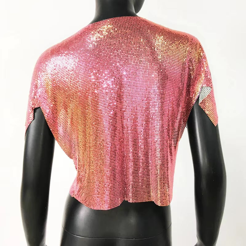 Elegant V Neck Short Sleeve Sequined Metal Sequins T Shirt Mssza