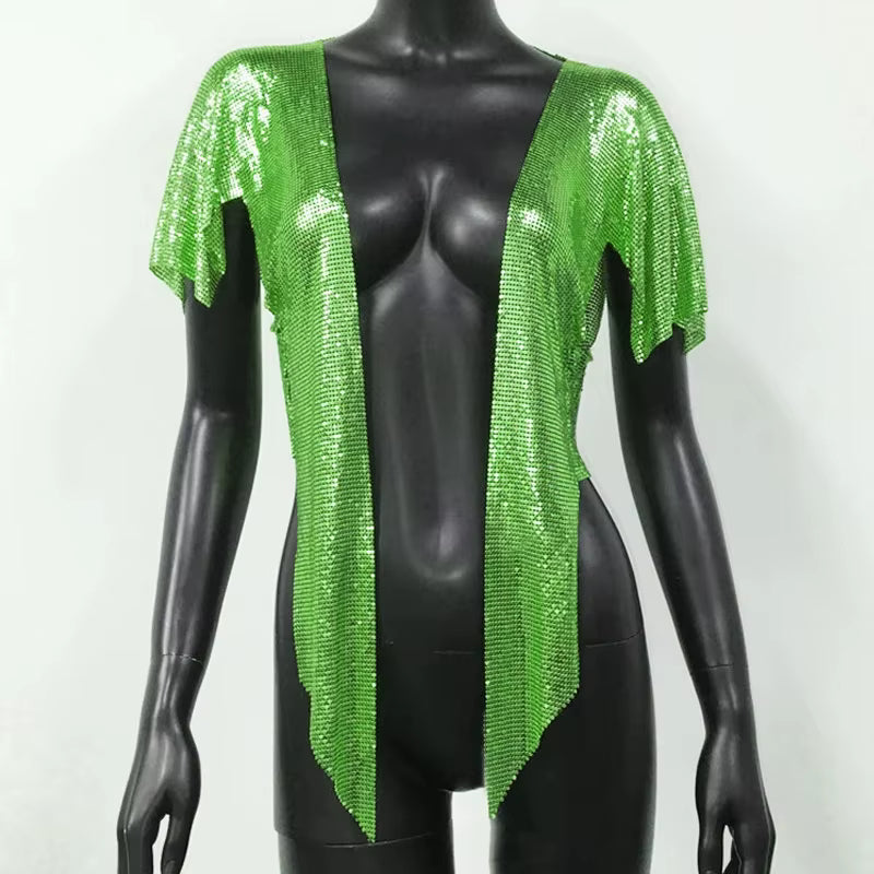 Elegant V Neck Short Sleeve Sequined Metal Sequins T Shirt Mssza
