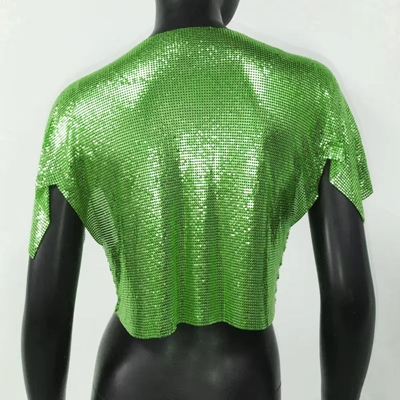 Elegant V Neck Short Sleeve Sequined Metal Sequins T Shirt Mssza