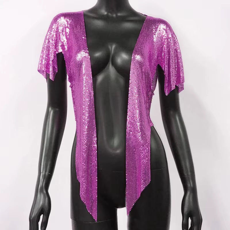Elegant V Neck Short Sleeve Sequined Metal Sequins T Shirt Mssza