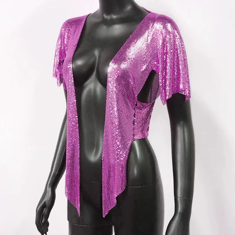 Elegant V Neck Short Sleeve Sequined Metal Sequins T Shirt Mssza