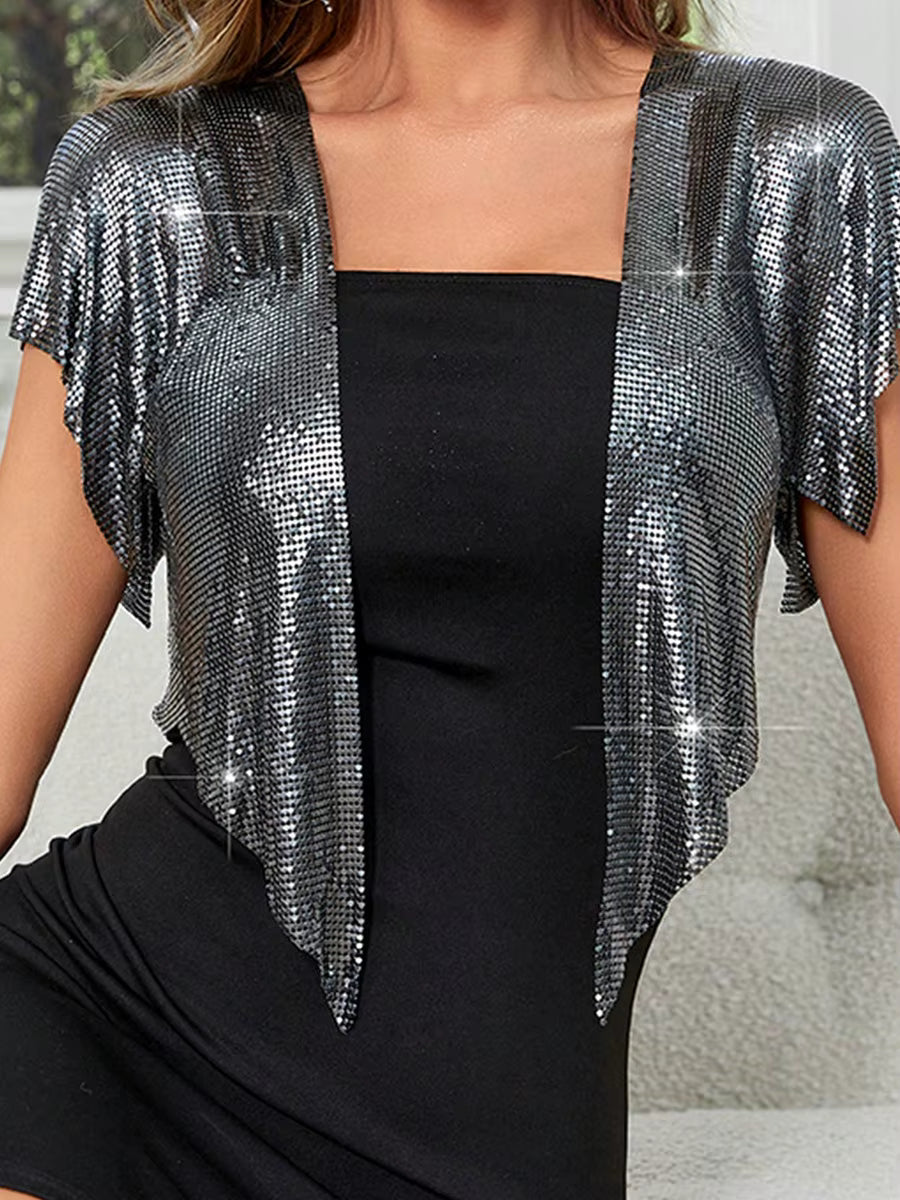 Elegant V Neck Short Sleeve Sequined Metal Sequins T Shirt Mssza