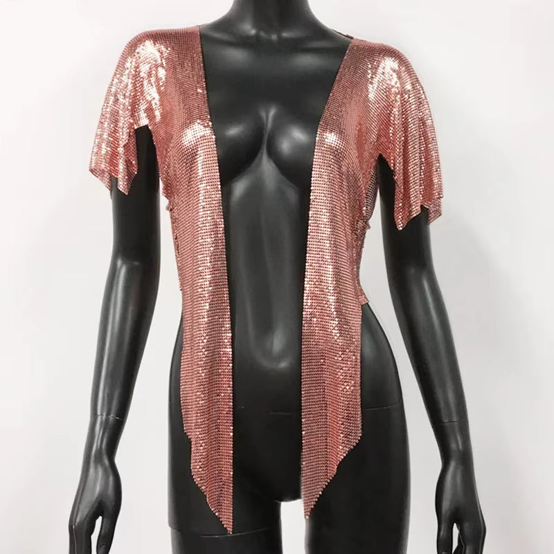 Elegant V Neck Short Sleeve Sequined Metal Sequins T Shirt Mssza