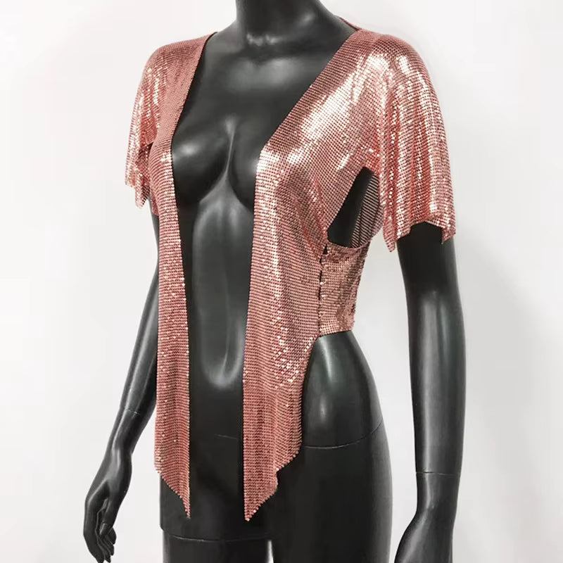 Elegant V Neck Short Sleeve Sequined Metal Sequins T Shirt Mssza