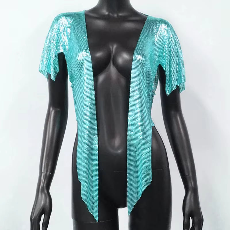 Elegant V Neck Short Sleeve Sequined Metal Sequins T Shirt Mssza