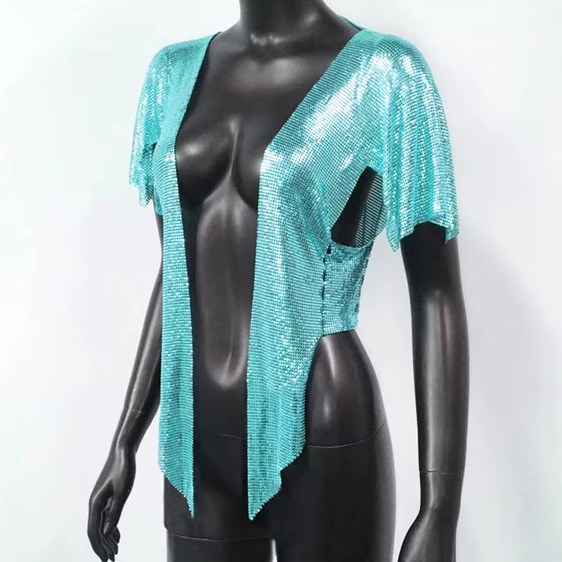 Elegant V Neck Short Sleeve Sequined Metal Sequins T Shirt Mssza