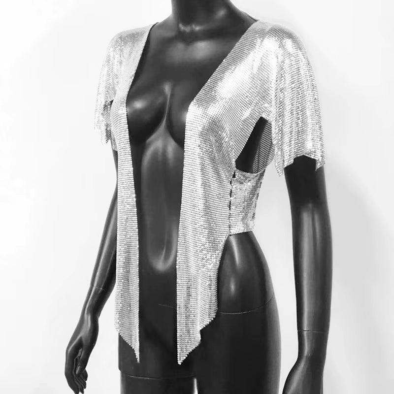 Elegant V Neck Short Sleeve Sequined Metal Sequins T Shirt Mssza