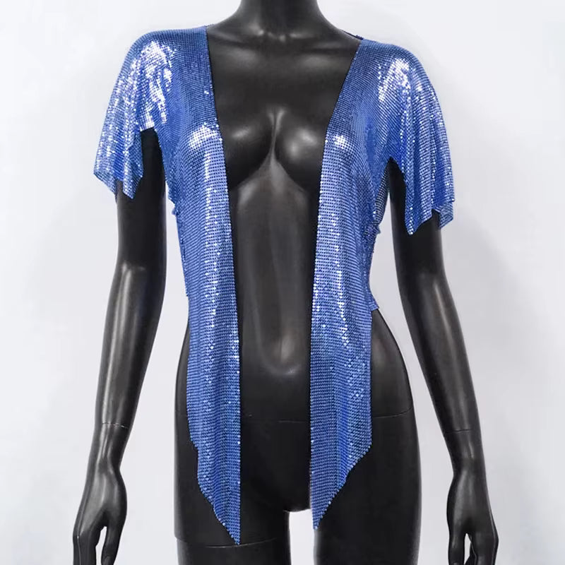 Elegant V Neck Short Sleeve Sequined Metal Sequins T Shirt Mssza