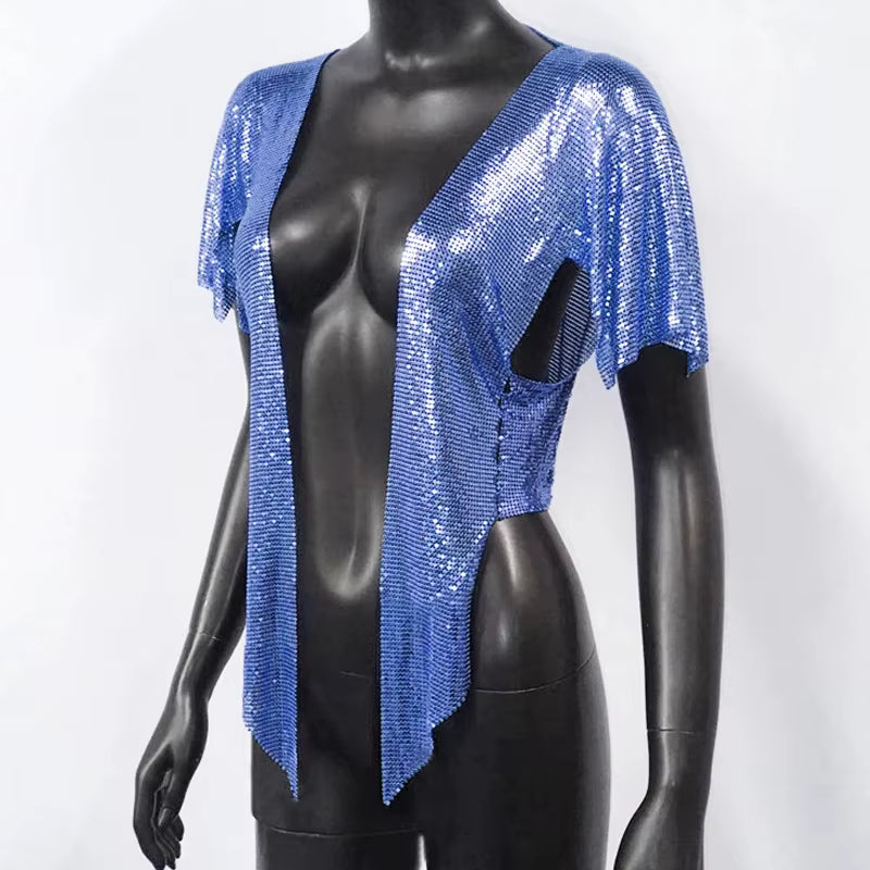 Elegant V Neck Short Sleeve Sequined Metal Sequins T Shirt Mssza