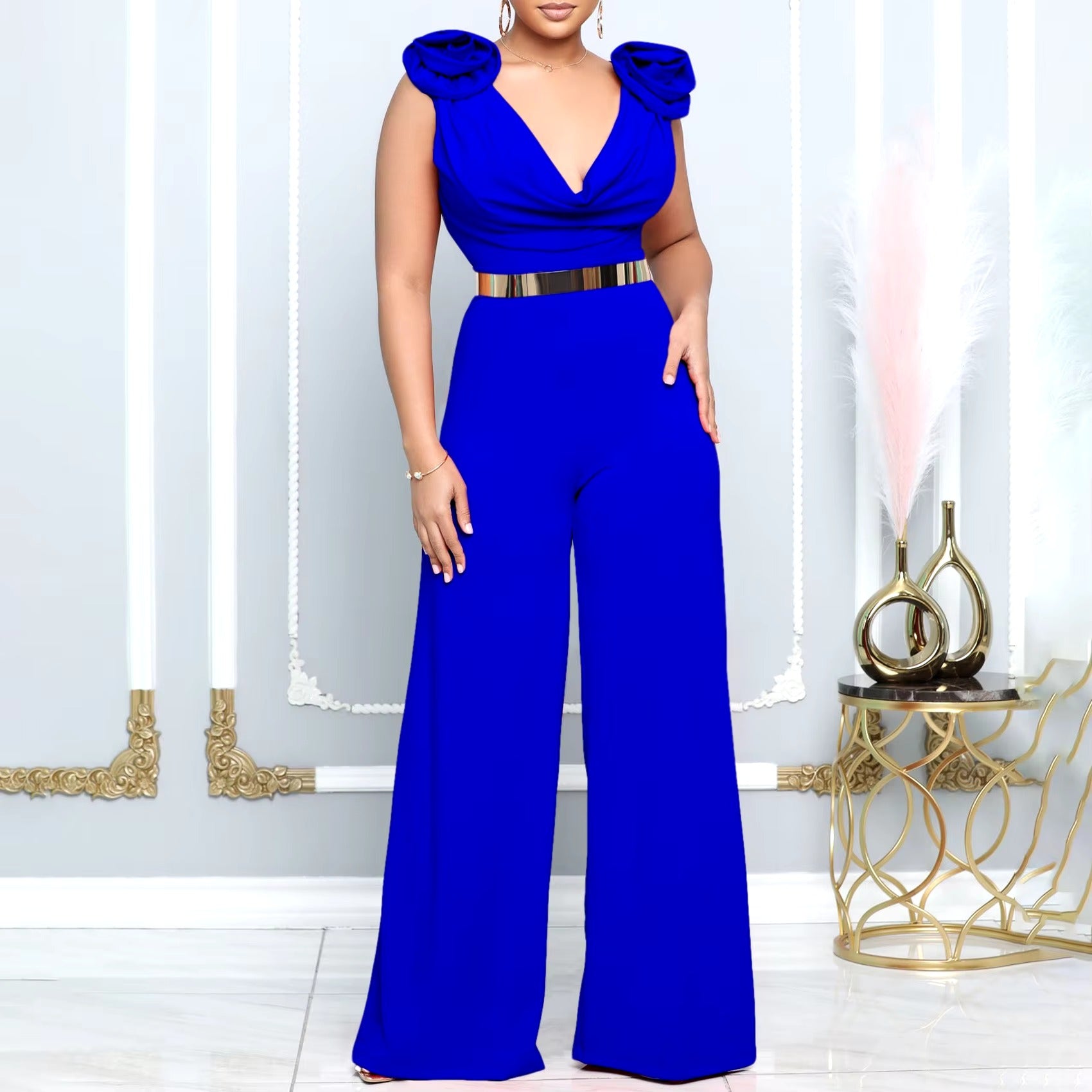 Elegant V Neck Sleeveless Belt Wasited Floor Length Luxury Birthday Party Dinner Jumpsuits & Rompers Mssza