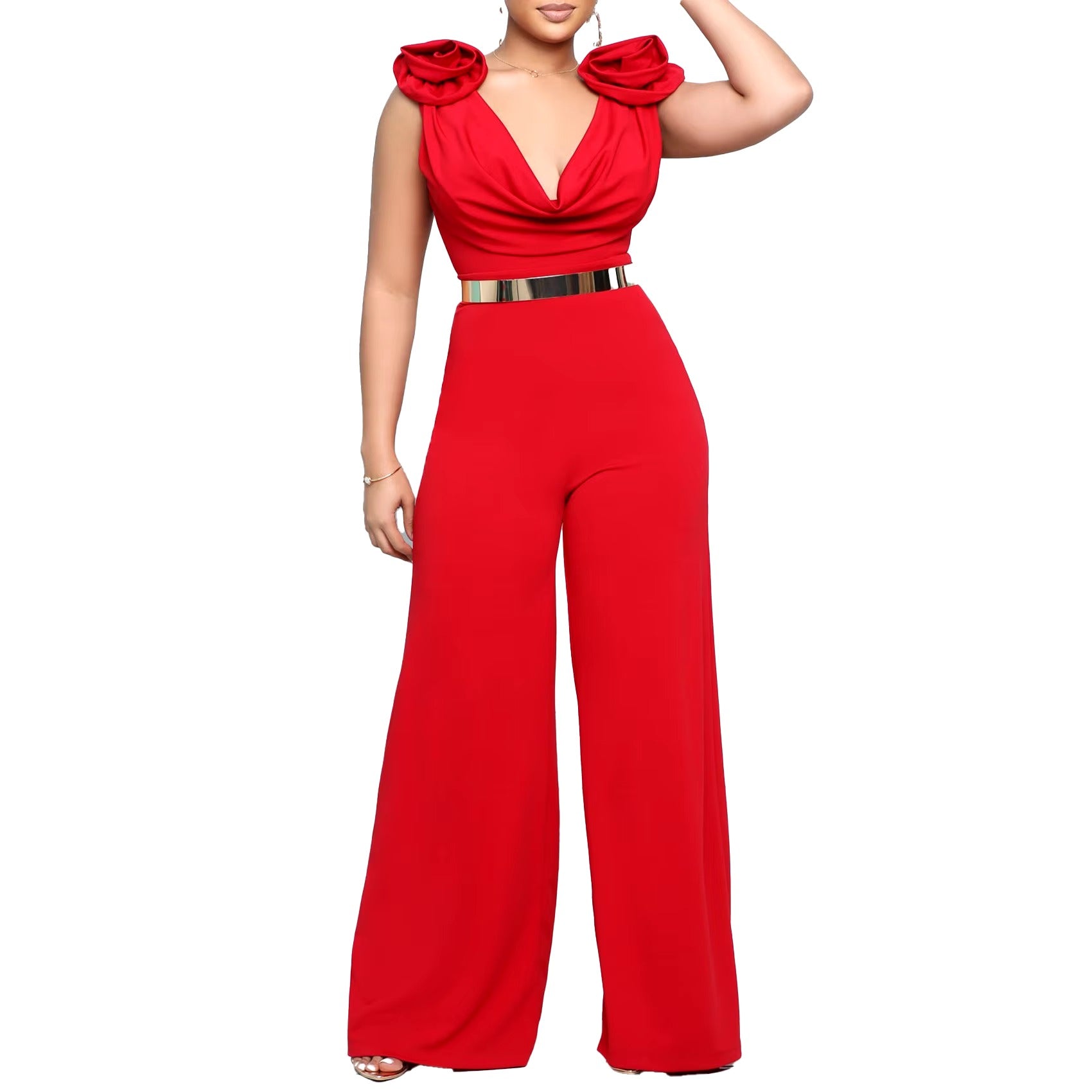 Elegant V Neck Sleeveless Belt Wasited Floor Length Luxury Birthday Party Dinner Jumpsuits & Rompers Mssza