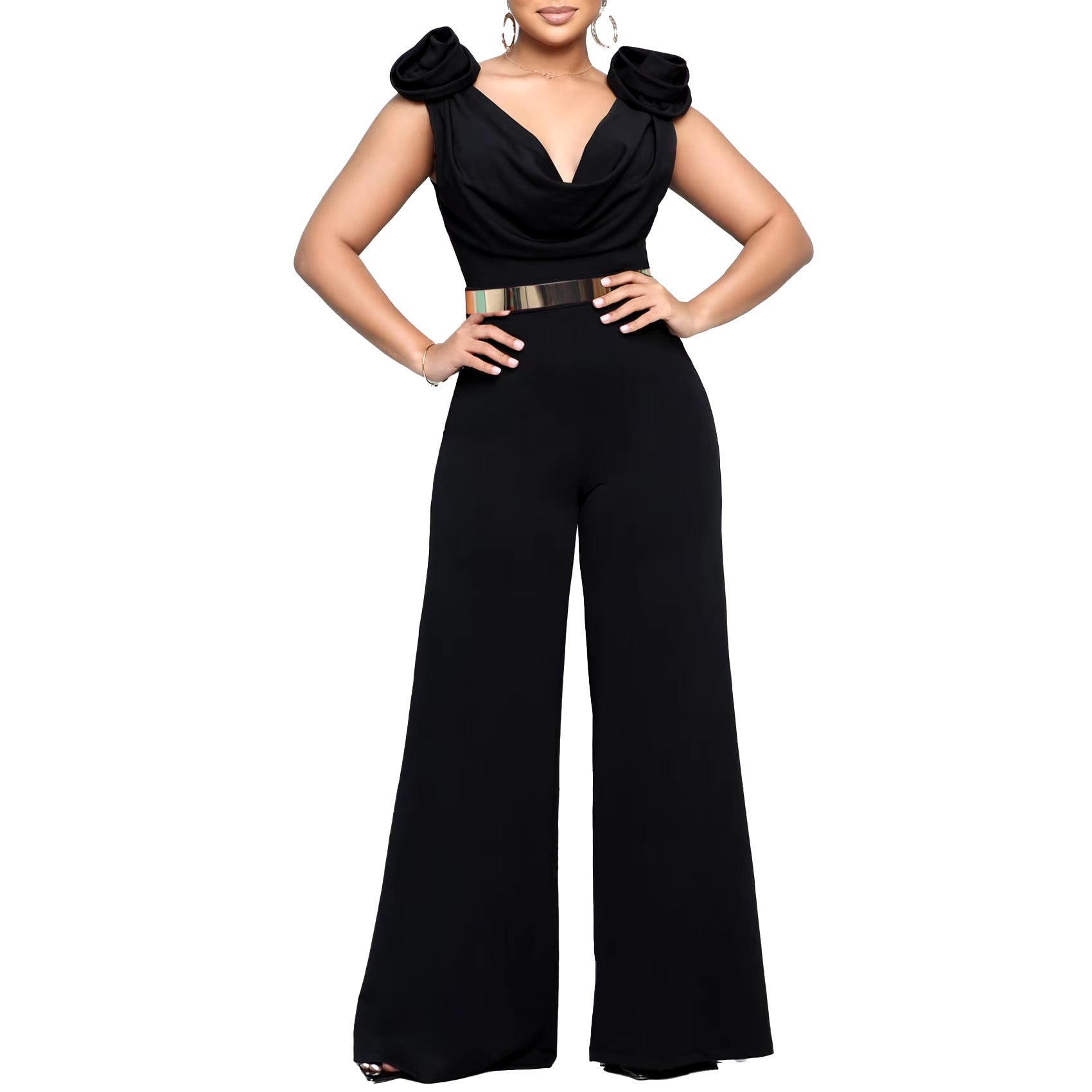 Elegant V Neck Sleeveless Belt Wasited Floor Length Luxury Birthday Party Dinner Jumpsuits & Rompers Mssza