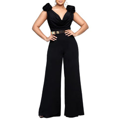 Elegant V Neck Sleeveless Belt Wasited Floor Length Luxury Birthday Party Dinner Jumpsuits & Rompers Mssza
