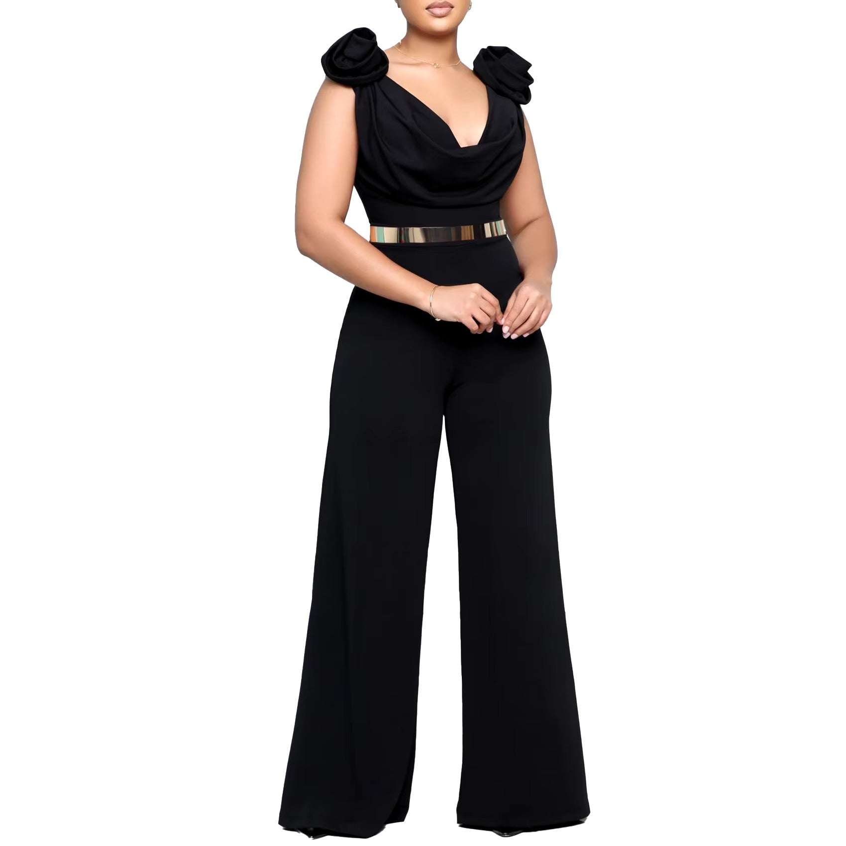Elegant V Neck Sleeveless Belt Wasited Floor Length Luxury Birthday Party Dinner Jumpsuits & Rompers Mssza