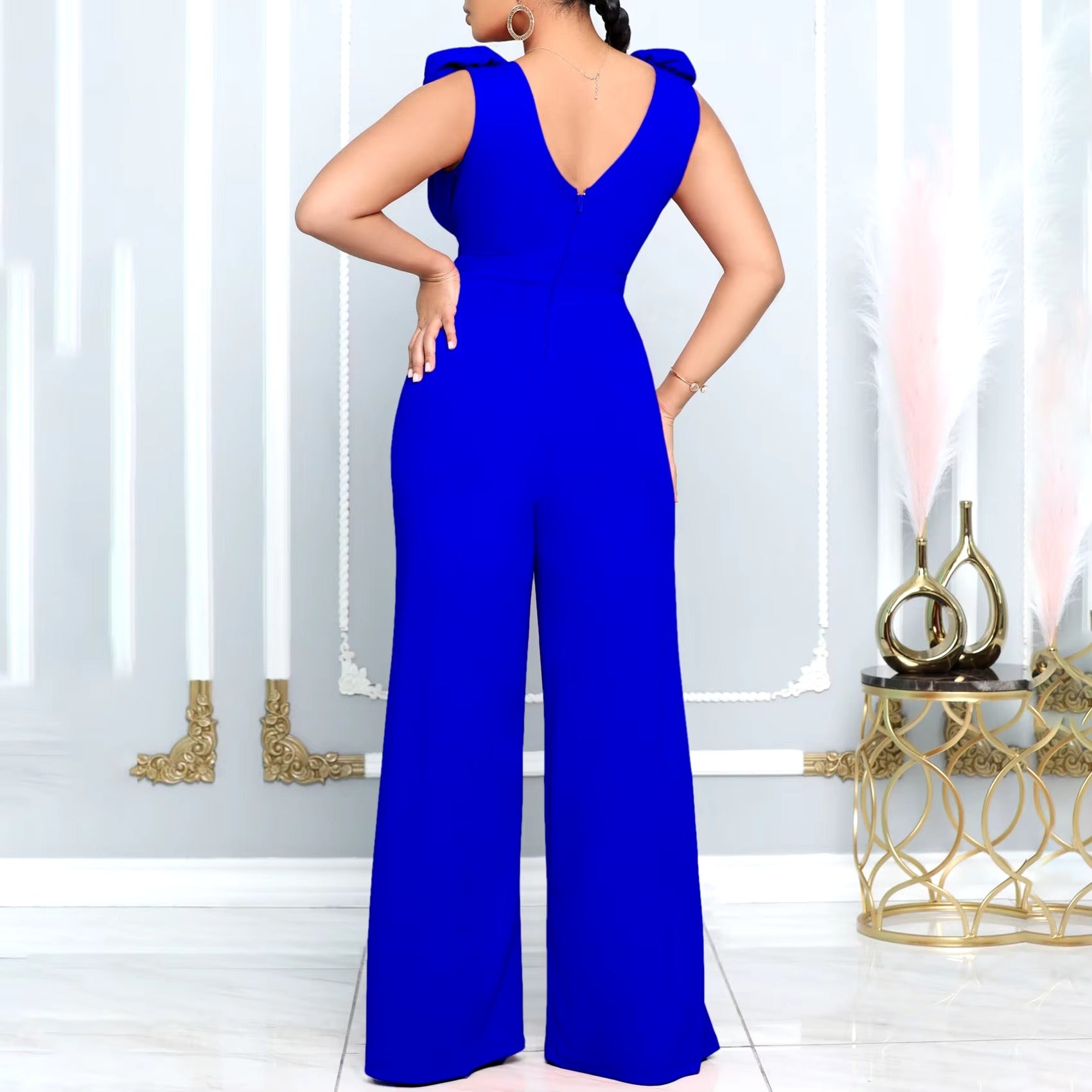 Elegant V Neck Sleeveless Belt Wasited Floor Length Luxury Birthday Party Dinner Jumpsuits & Rompers Mssza