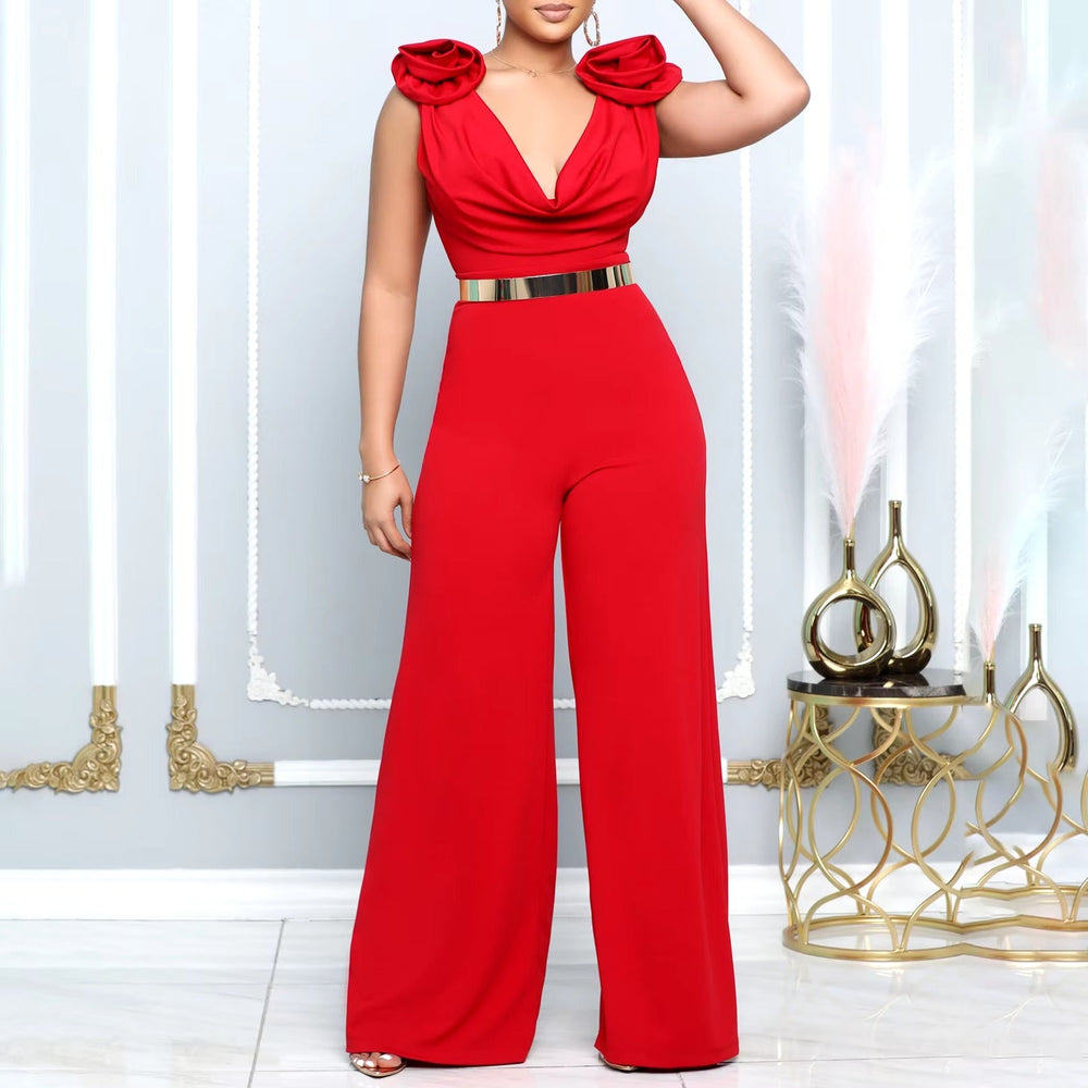 Elegant V Neck Sleeveless Belt Wasited Floor Length Luxury Birthday Party Dinner Jumpsuits & Rompers Mssza