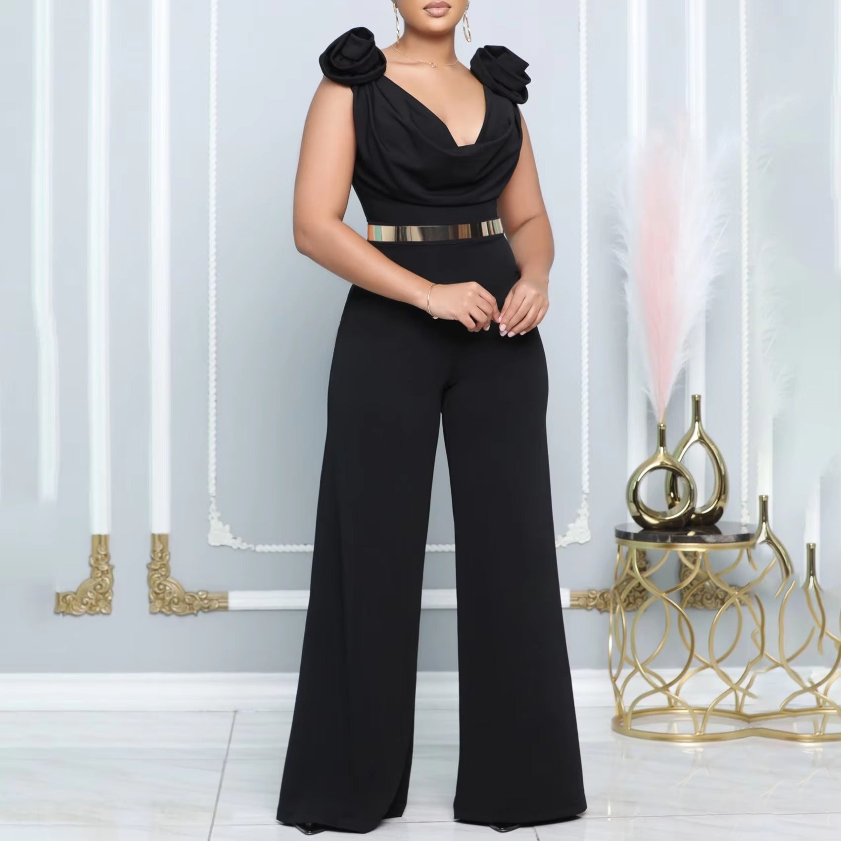 Elegant V Neck Sleeveless Belt Wasited Floor Length Luxury Birthday Party Dinner Jumpsuits & Rompers Mssza