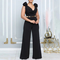 Elegant V Neck Sleeveless Belt Wasited Floor Length Luxury Birthday Party Dinner Jumpsuits & Rompers Mssza