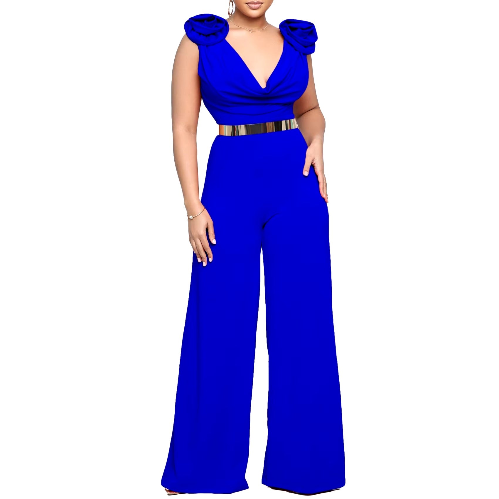 Elegant V Neck Sleeveless Belt Wasited Floor Length Luxury Birthday Party Dinner Jumpsuits & Rompers Mssza