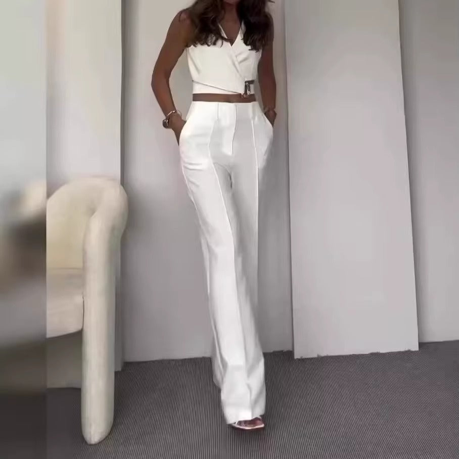 Elegant V Neck Sleeveless Button High Waist Wide Leg Long Pants Slim Fit Vest Tops Two Piece Sets Mssza