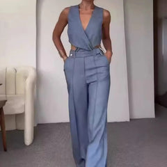 Elegant V Neck Sleeveless Button High Waist Wide Leg Long Pants Slim Fit Vest Tops Two Piece Sets Mssza