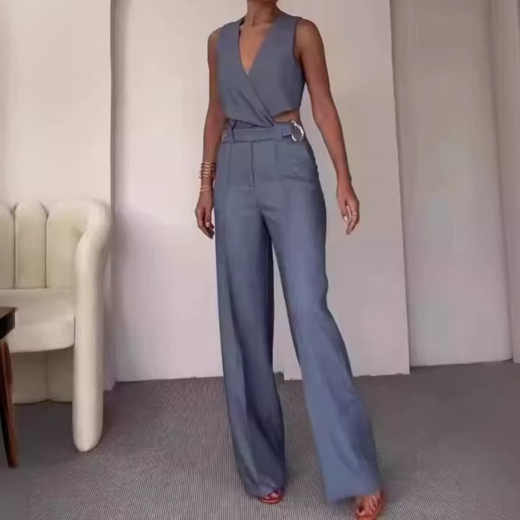 Elegant V Neck Sleeveless Button High Waist Wide Leg Long Pants Slim Fit Vest Tops Two Piece Sets Mssza