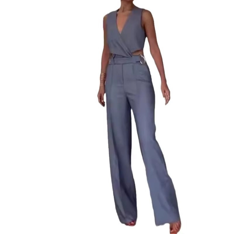 Elegant V Neck Sleeveless Button High Waist Wide Leg Long Pants Slim Fit Vest Tops Two Piece Sets Mssza