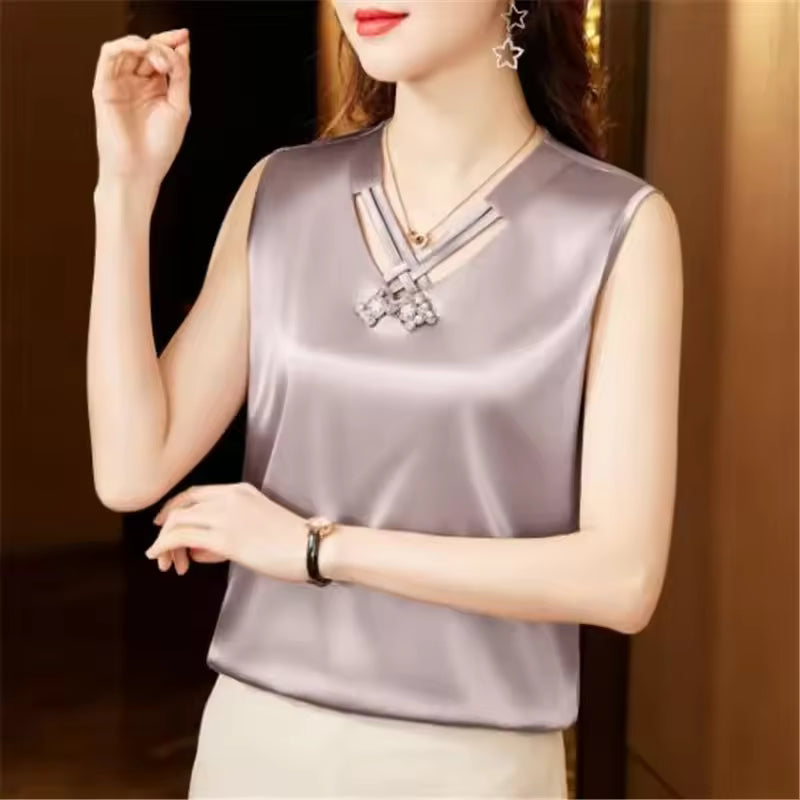 Elegant V Neck Solid Beaded Sleeveless Satin Blouse Loose Casual Silk Top Mssza