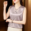 Elegant V Neck Solid Beaded Sleeveless Satin Blouse Loose Casual Silk Top Mssza
