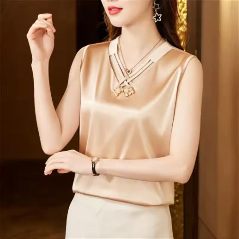 Elegant V Neck Solid Beaded Sleeveless Satin Blouse Loose Casual Silk Top Mssza