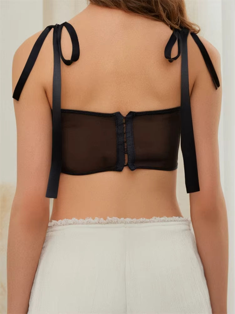 Elegant V Neck Tie-up Strap Vest Back Hook and Eye Sheer Camisoles 3D Flower Patchwork Tank Tops Mssza