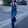 Elegant V Neck Zipper Bell Sleeveless Backpacker Denim Jumpsuit Mssza