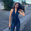 Elegant V Neck Zipper Bell Sleeveless Backpacker Denim Jumpsuit Mssza
