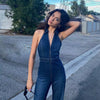 Elegant V Neck Zipper Bell Sleeveless Backpacker Denim Jumpsuit Mssza