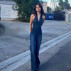 Elegant V Neck Zipper Bell Sleeveless Backpacker Denim Jumpsuit Mssza