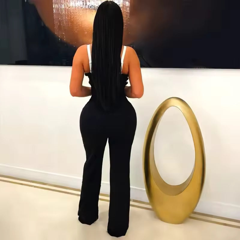 Elegant V-neck Spaghetti Straps Wide Leg Pants Patchwork Jumpsuits Mssza