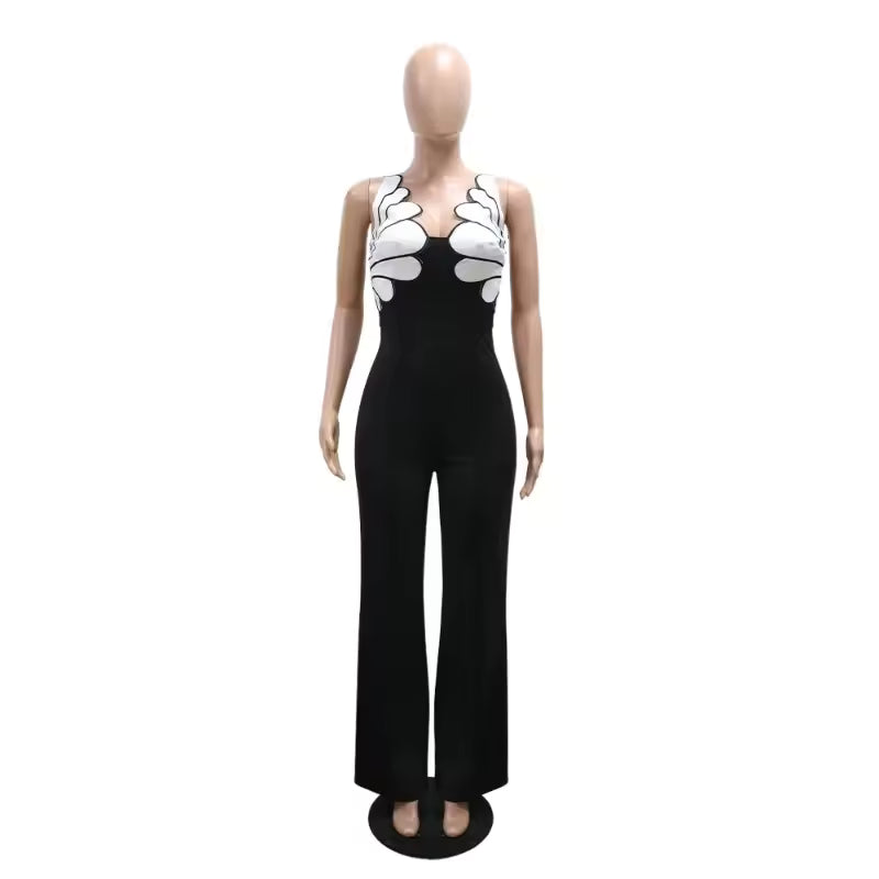 Elegant V-neck Spaghetti Straps Wide Leg Pants Patchwork Jumpsuits Mssza