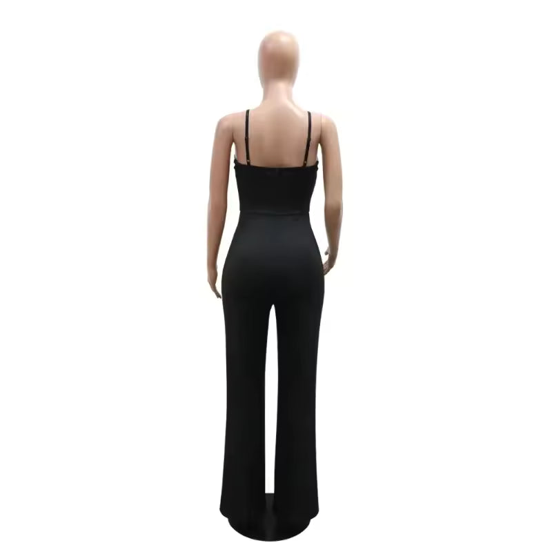 Elegant V-neck Spaghetti Straps Wide Leg Pants Patchwork Jumpsuits Mssza
