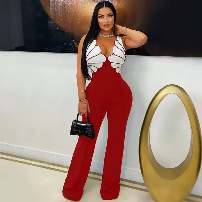 Elegant V-neck Spaghetti Straps Wide Leg Pants Patchwork Jumpsuits Mssza