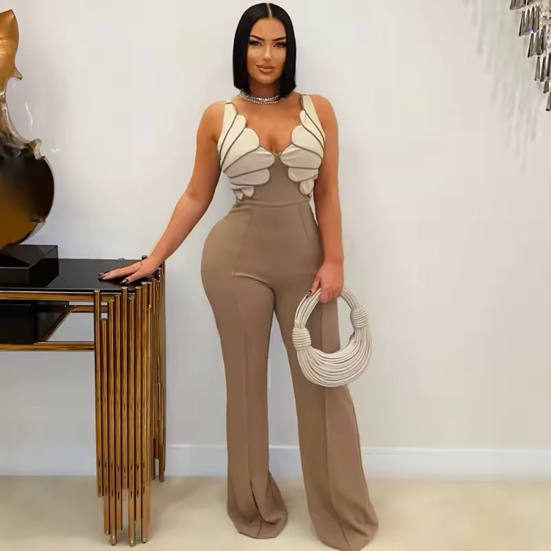 Elegant V-neck Spaghetti Straps Wide Leg Pants Patchwork Jumpsuits Mssza