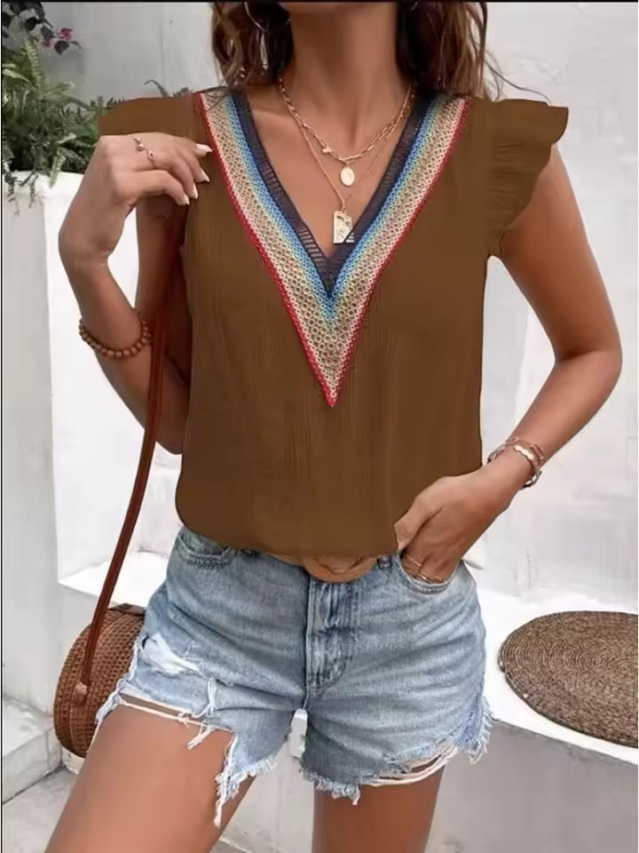 Elegant V-neck Splicing Lace Lotus Leaf Sleeve Daily Casual Tops Mssza