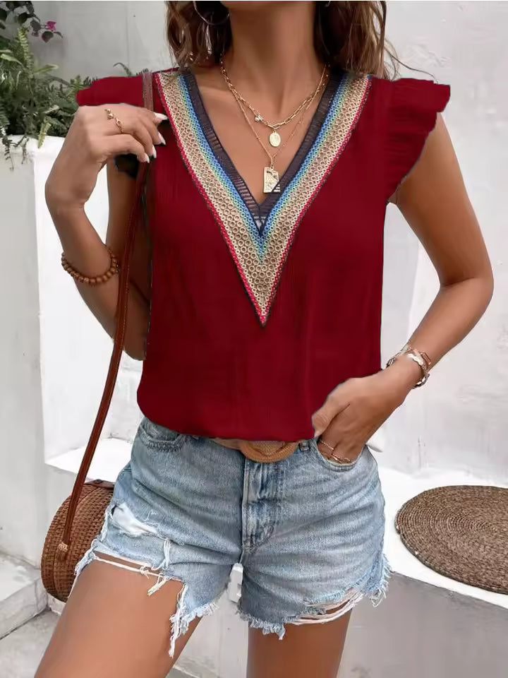 Elegant V-neck Splicing Lace Lotus Leaf Sleeve Daily Casual Tops Mssza