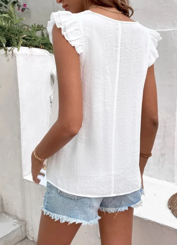 Elegant V-neck Splicing Lace Lotus Leaf Sleeve Daily Casual Tops Mssza