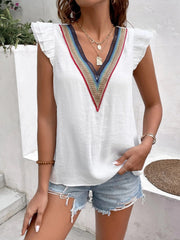 Elegant V-neck Splicing Lace Lotus Leaf Sleeve Daily Casual Tops Mssza