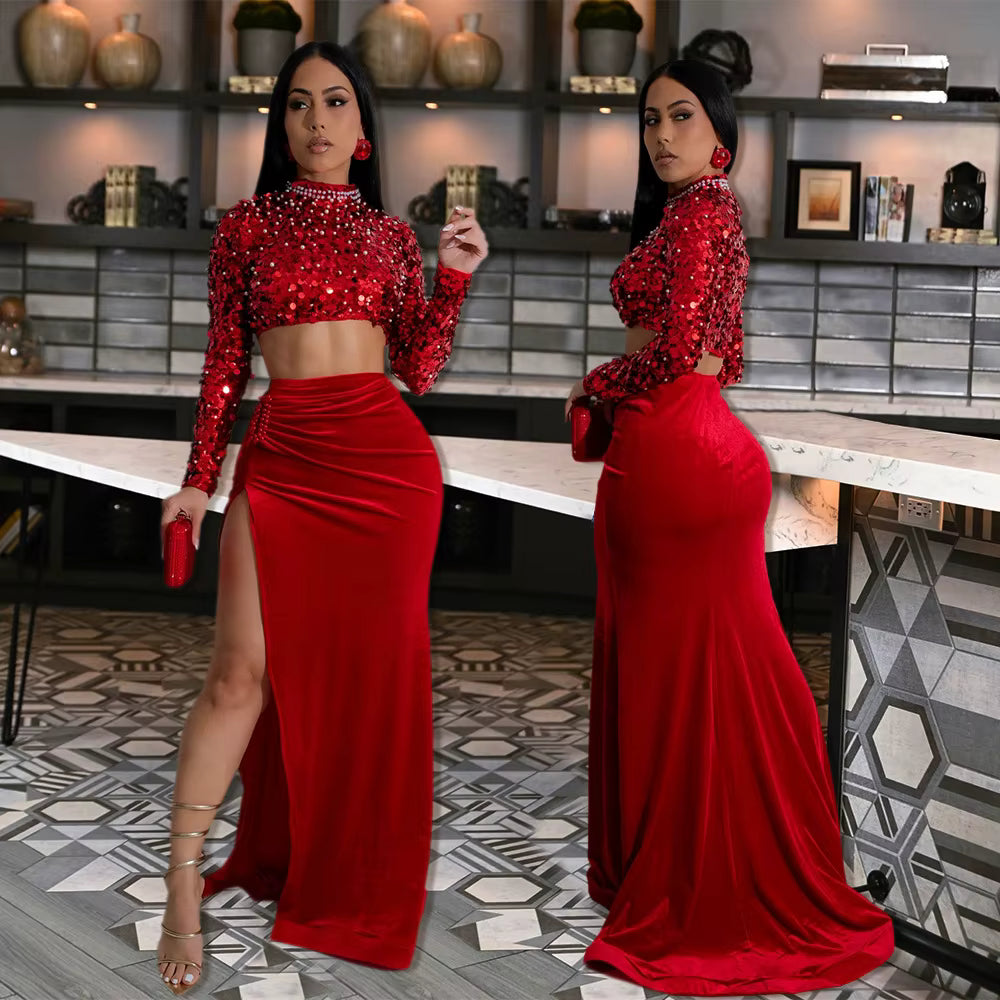 Elegant Velvet Full Sleeve Sequins Pearls Crop Tops And Split Long Skirt 2 Piece Set Mssza