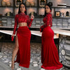 Elegant Velvet Full Sleeve Sequins Pearls Crop Tops And Split Long Skirt 2 Piece Set Mssza