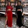 Elegant Velvet Full Sleeve Sequins Pearls Crop Tops And Split Long Skirt 2 Piece Set Mssza