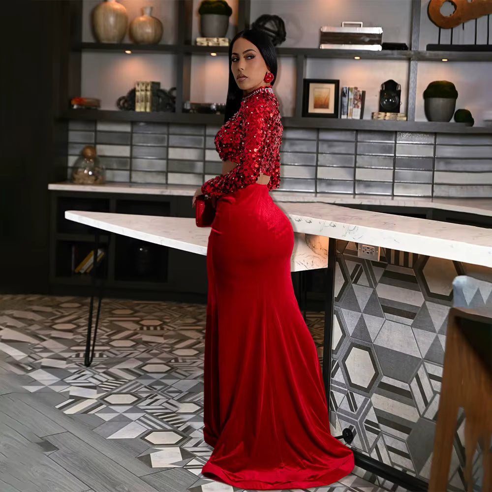 Elegant Velvet Full Sleeve Sequins Pearls Crop Tops And Split Long Skirt 2 Piece Set Mssza