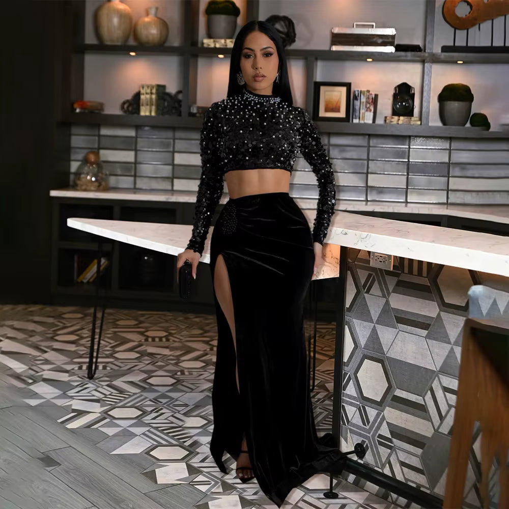 Elegant Velvet Full Sleeve Sequins Pearls Crop Tops And Split Long Skirt 2 Piece Set Mssza